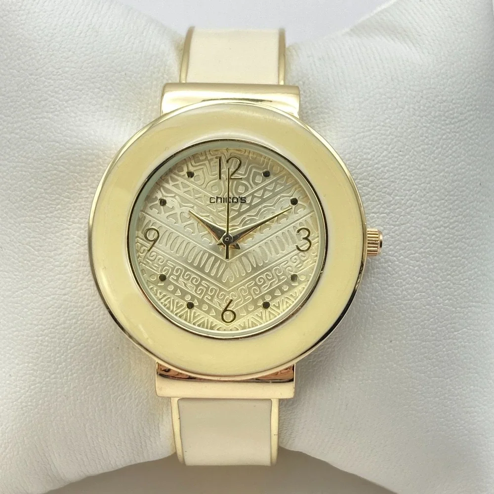 Chico's Womens Watch 35mm Gold Tone Cuff Cream Inlay Geometric New Battery 6.25